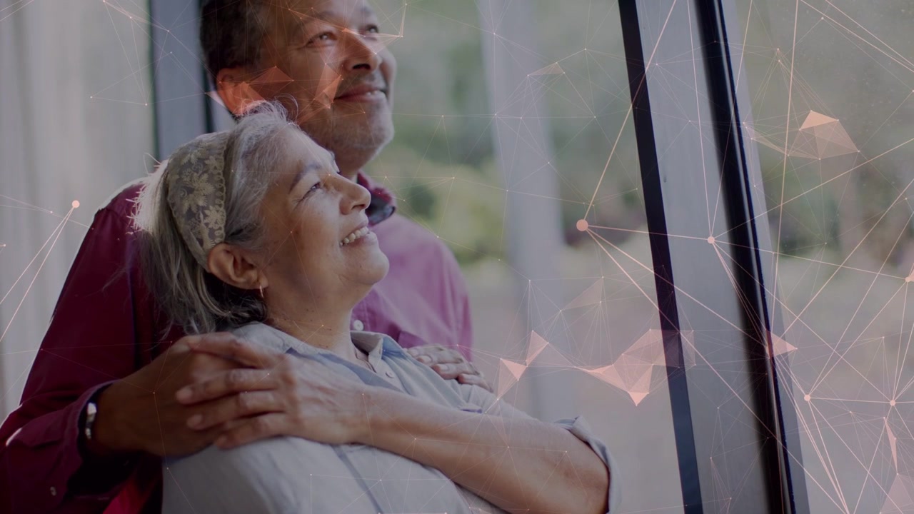 Sunlight streaming through window leading man holding woman leaning back, network overlaying, tech