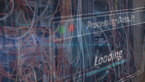 animation of data processing and biometric fingerprint over computer server