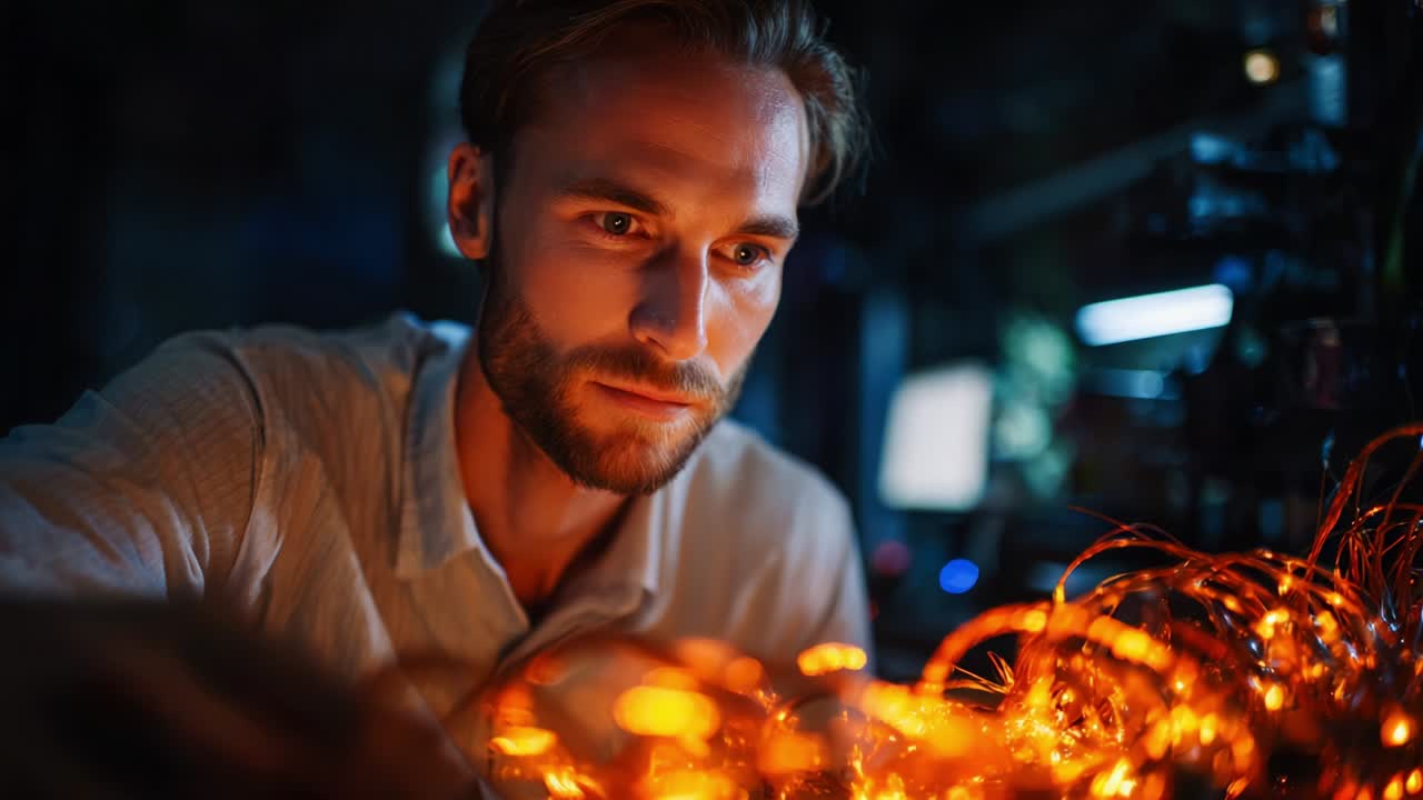 Un esperto concentrato esamina materiali complessi, illuminandone la bellezza e l'energia in un'atmosfera tenue, rivelando i processi creativi che danno vita a opere straordinarie nel campo della tecnologia e dell'arte