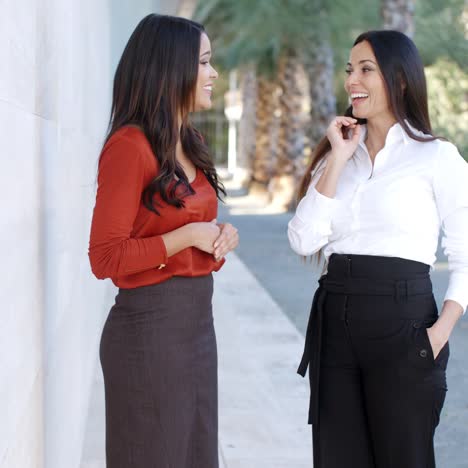 Two-elegant-women-standing-watching-something