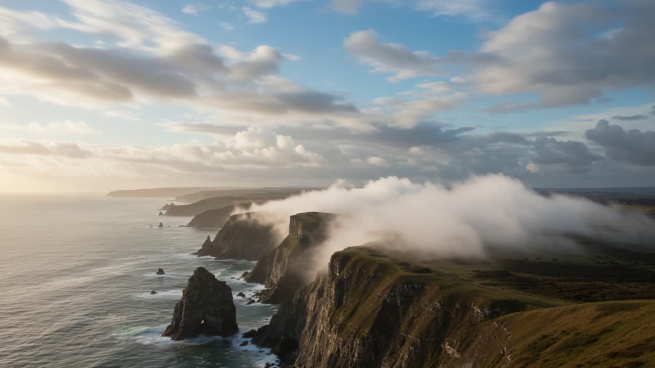 Scenic Coastal Cliffs Under a Dramatic Sky at Sunrise, Showcasing Nature's Beauty with Rolling Fog and Serene Ocean Waves, Capturing Majestic Views of the Shoreline