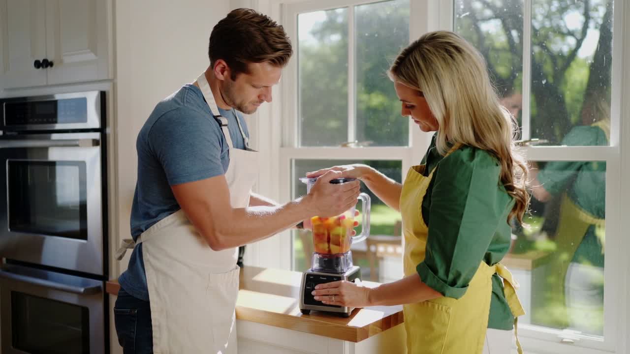 Uomo che chiude un barattolo pieno, donna con grembiule giallo che stabilizza il frullatore preparando cibo a casa