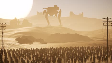 a huge mech robot standing in the desert in front of a large sun, with crowd looking at it, destroyed buildings and debris all over, dystopian scenery, 3d animation camera dolly up slowly