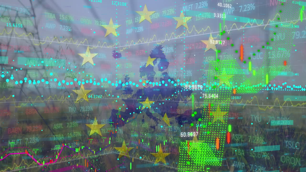 디지털 이동 진행 그래프, 무역 보드 및 지도의 애니메이션 루프 유럽 연합 발