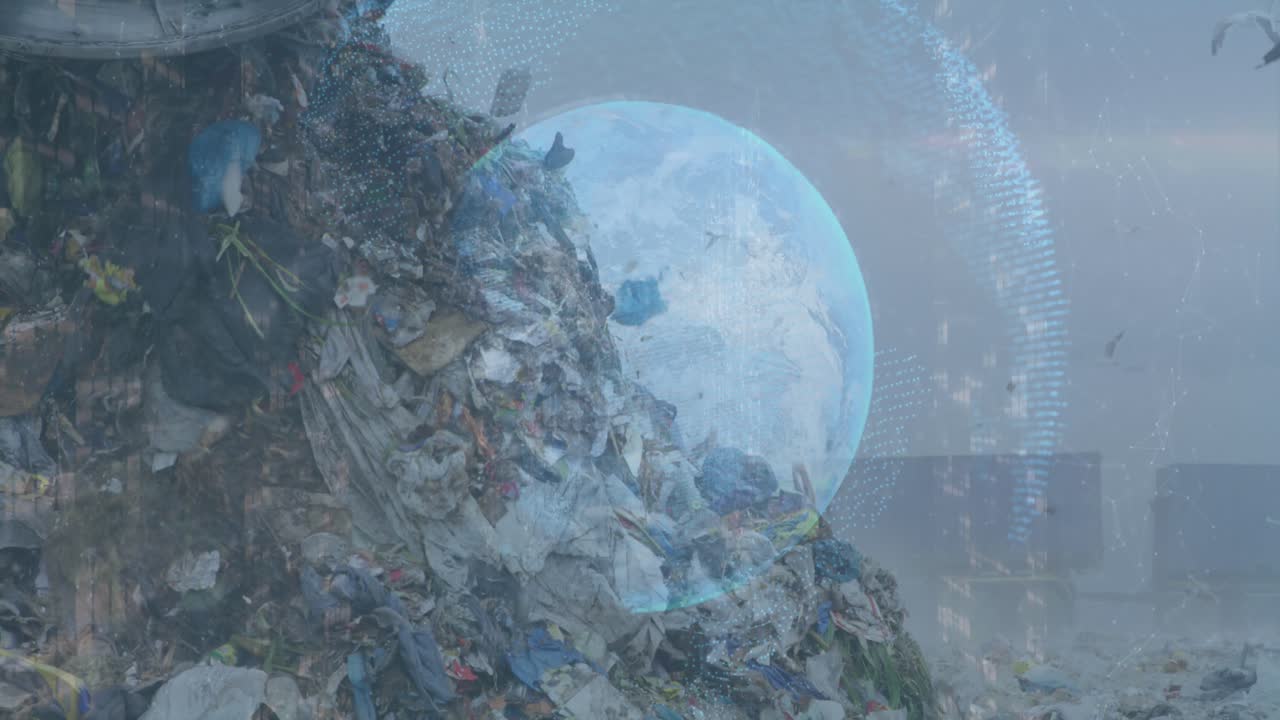 Animación de globo terráqueo con estadísticas y procesamiento de datos sobre un páramo.