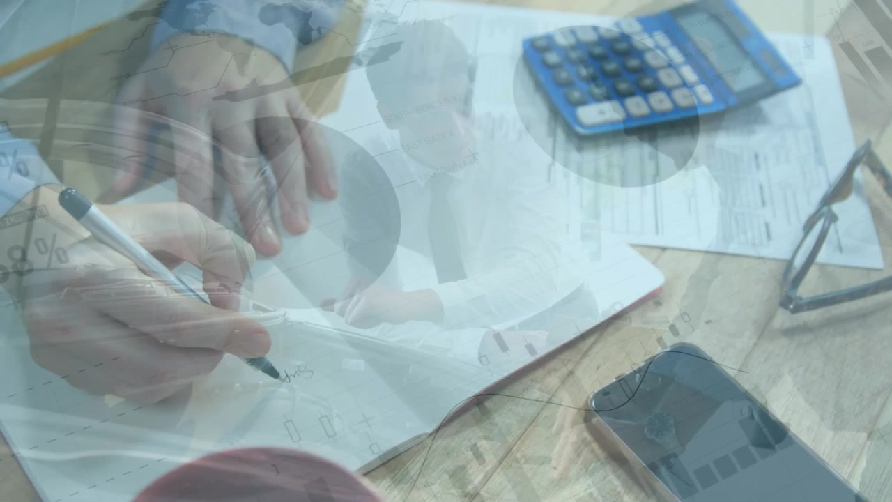 Animazione di elaborazione di dati finanziari e statistiche su un uomo che scrive