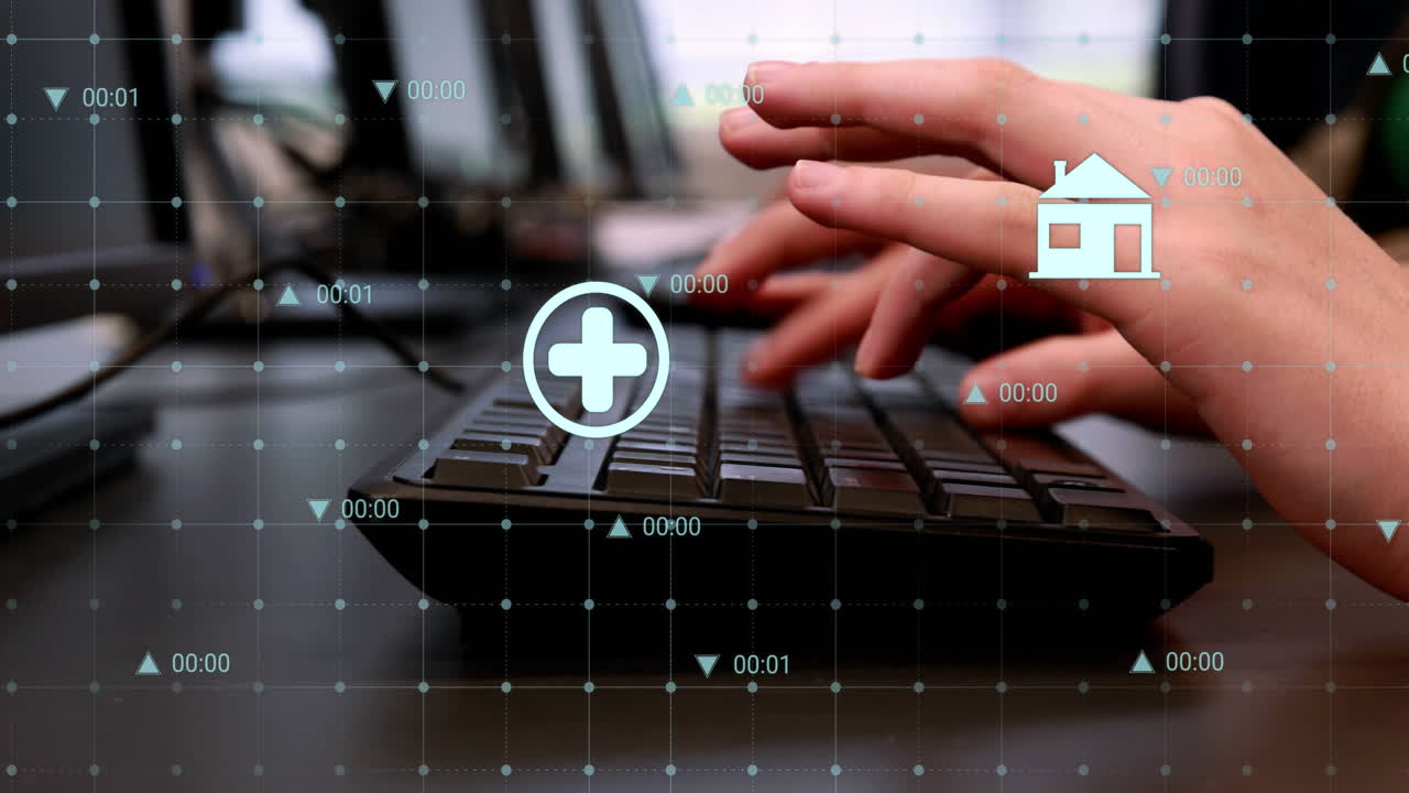 анимация цифровых икон по сетевой сети против средней секции детей, использующих компьютер в школе.