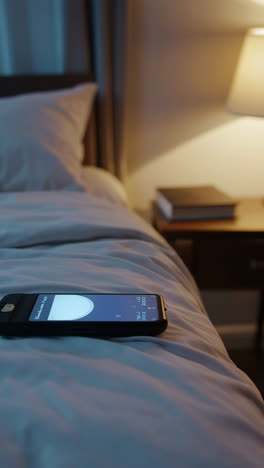 bedroom scene at night with a phone and book on a nightstand