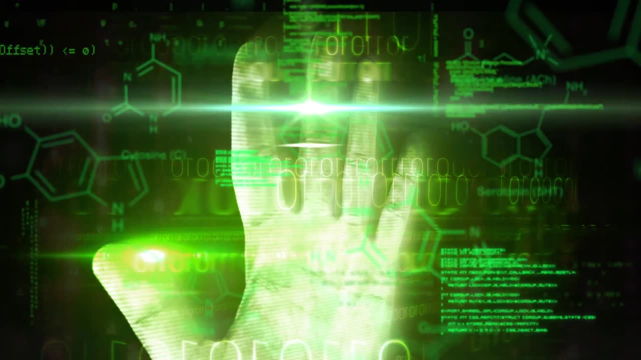 animación del procesamiento de datos, presionado a mano en una pantalla interactiva y estructuras de compuestos químicos