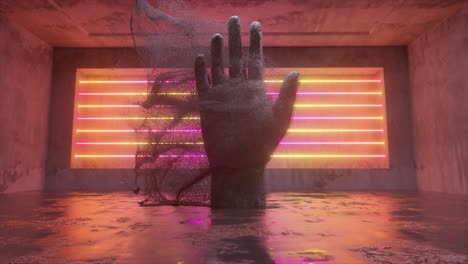 abstract hand sculpture in a neon-lit room