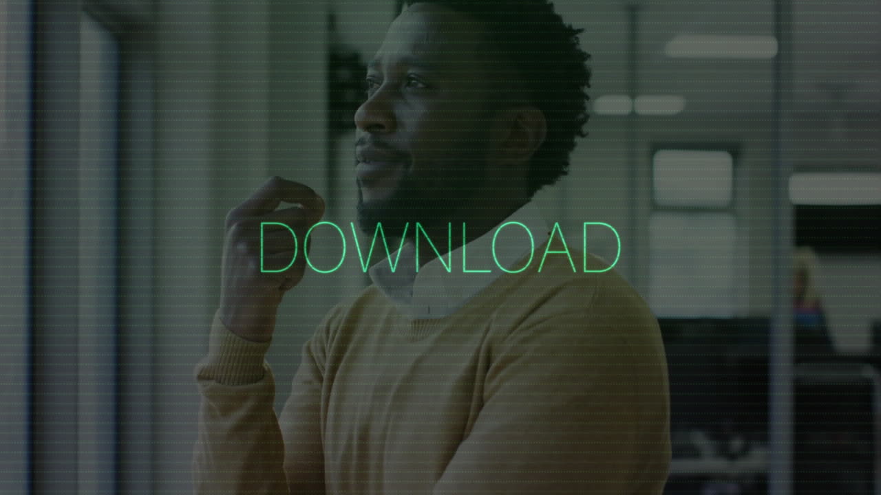 In office, man thinking with DOWNLOAD animation on screen in background