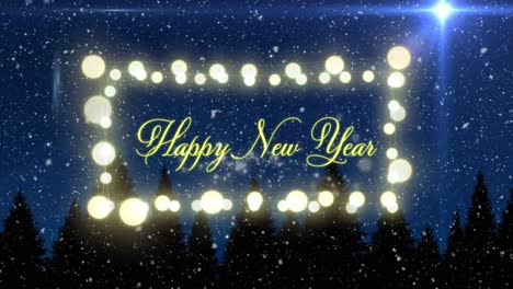 animation of happy new year text with christmas lights and snow falling over winter landscape