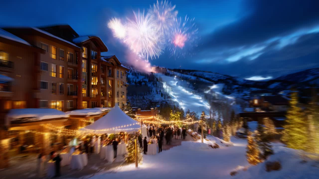 A Stunning Winter Celebration Illuminated by Fireworks and Twinkling Lights in a Snow-Covered Resort, Where Guests Gather to Enjoy Festivities Amidst a Beautiful Mountain Backdrop