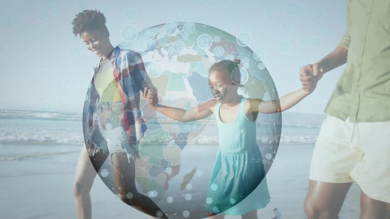 Pai levantando a menina balançando enquanto a mãe guia, ensinando a menina a andar, globo sobrepondo ícones de tecnologia