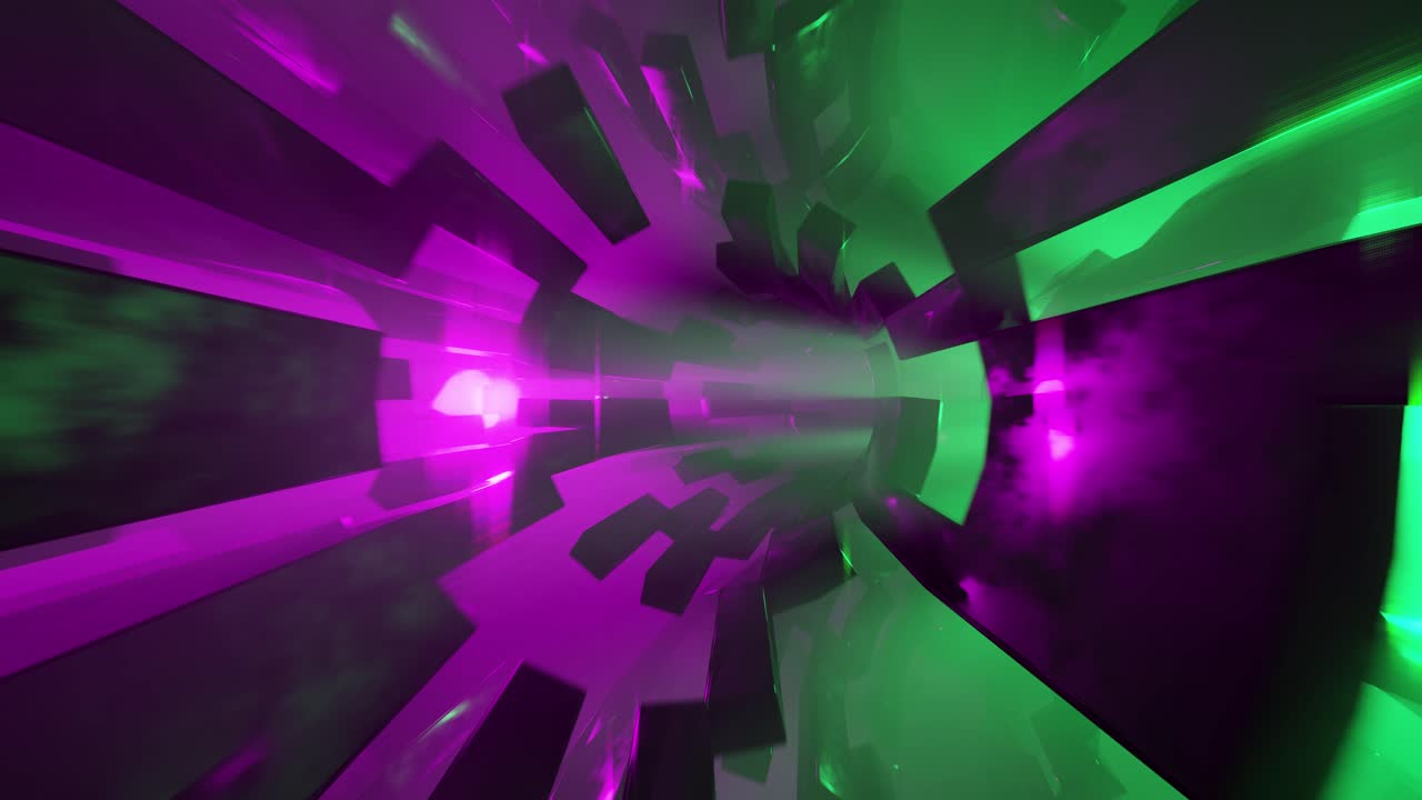 Bright glowing neon lights along endless tunnel, loop animation 3d