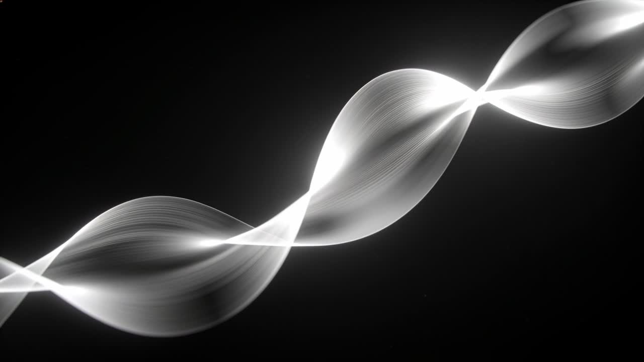 Shifting luminous ribbon moving diagonally across dark studio void, revealing twisting sheer seam