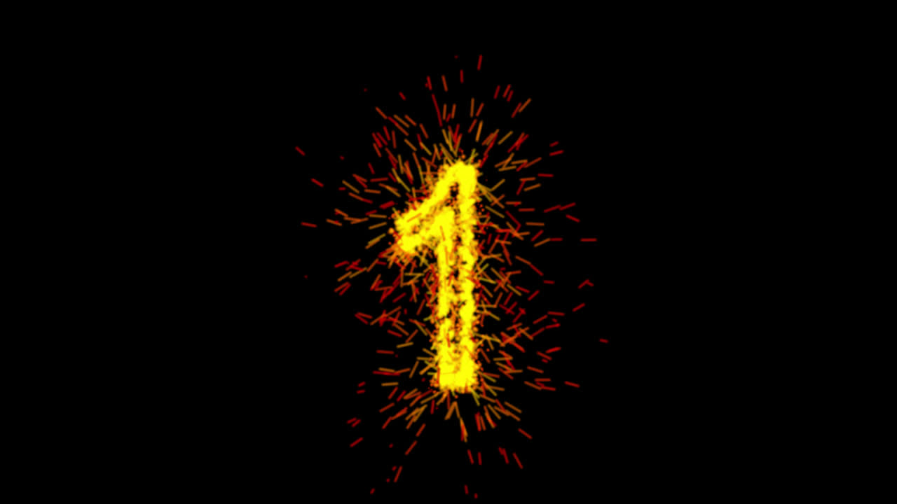 Animazione del numero uno con particelle gialle su sfondo trasparente