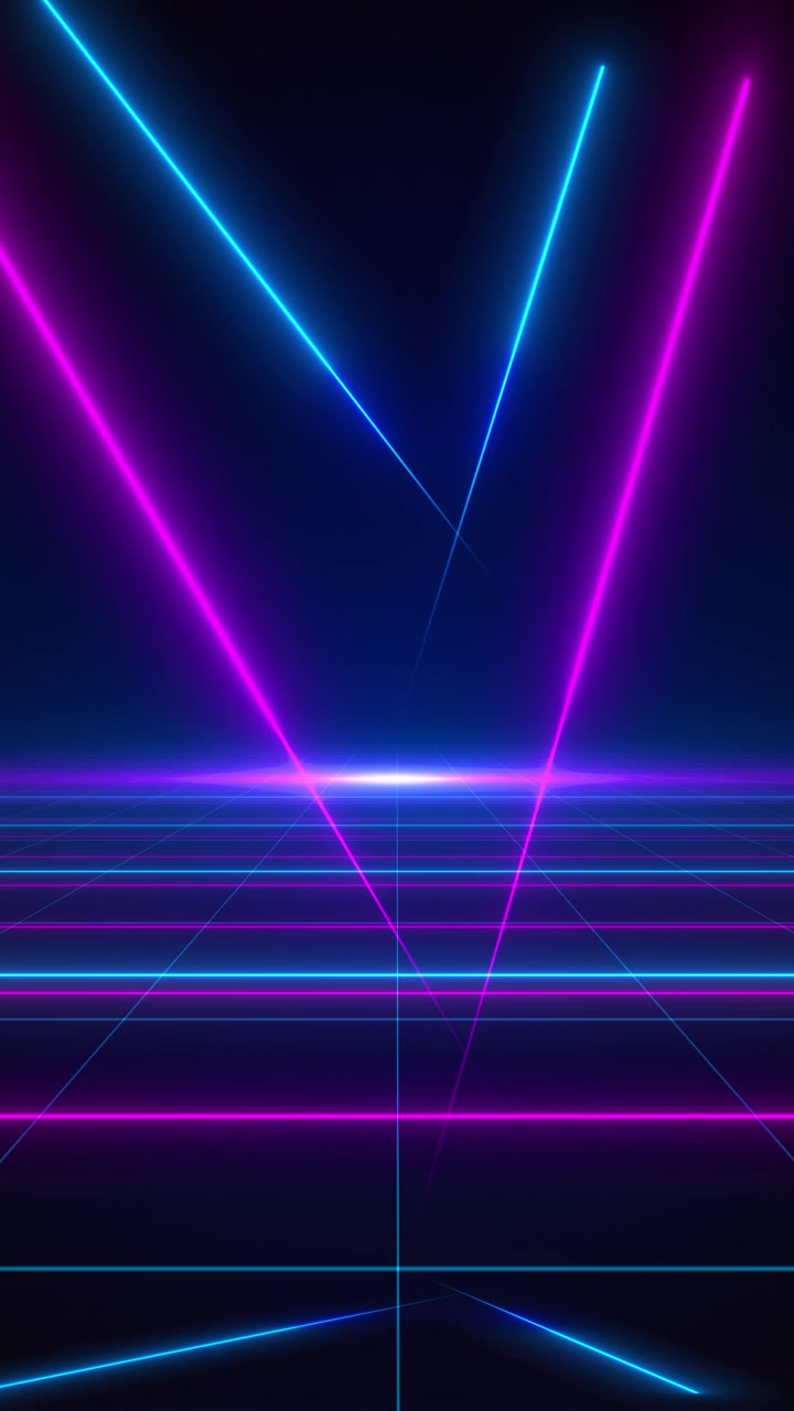 Palco con orizzonte a onda neon, linee laser luminose magenta e blu, pavimento a griglia scura e profondità digitale retrò.