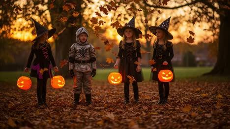 a group of children in halloween costumes, featuring witches and a knight, joyfully enjoying an autumn evening while holding glowing pumpkin lanterns amidst falling leaves