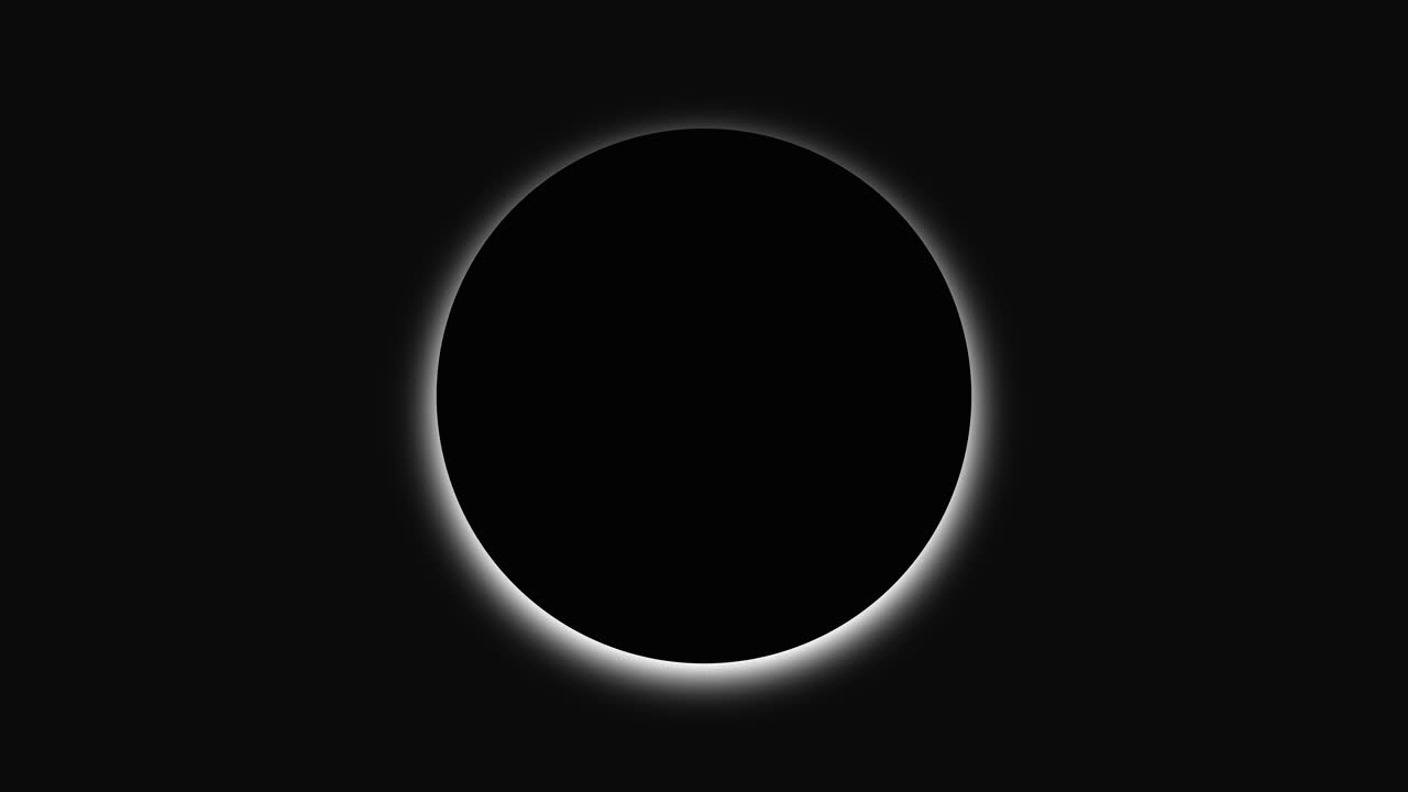 A dark orb eclipses the frame, edged by a soft white corona that pulses with quiet intensity. The animation feels like a solar eclipse in slow motion graphics, suspended in silence
