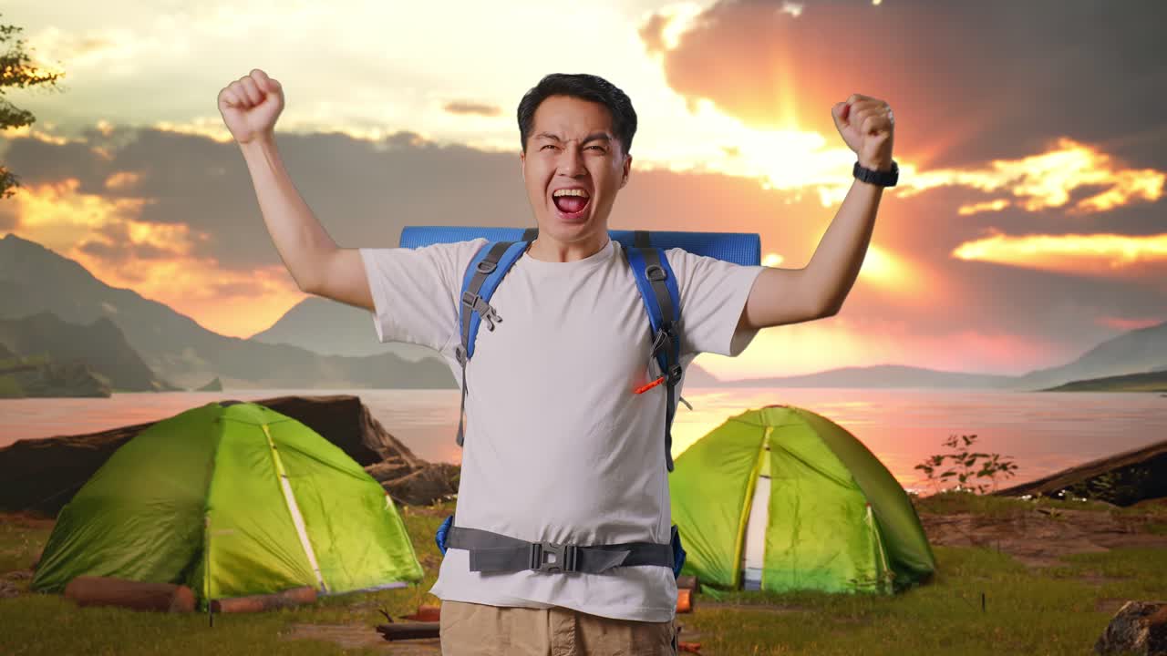 Happy Camper Celebrating a Successful Outdoor Trip