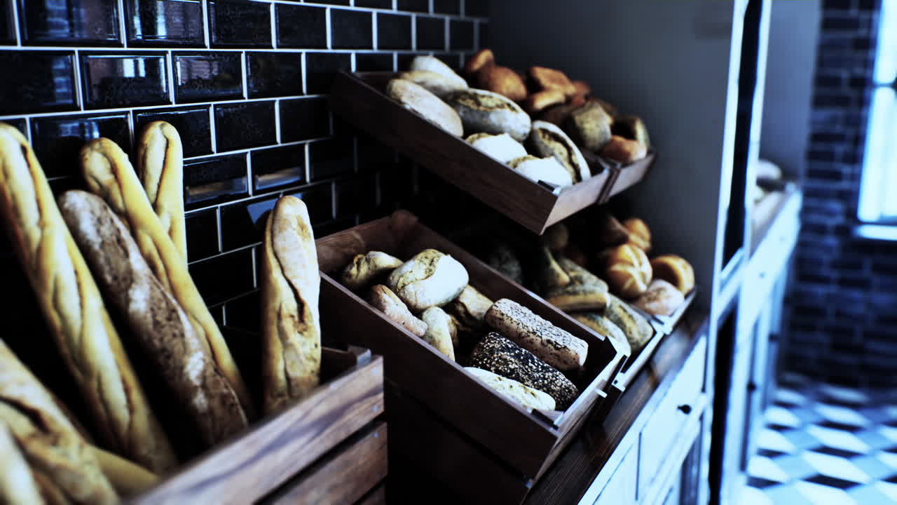 Fresh bread on shelves in bakery