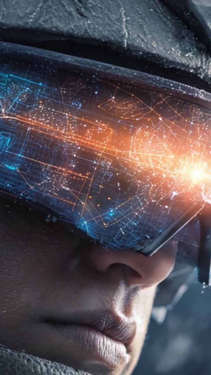 Soldato futuristico con visore avanzato a realtà aumentata che mostra display high-tech e visualizzazioni di dati in un ambiente di combattimento dinamico
