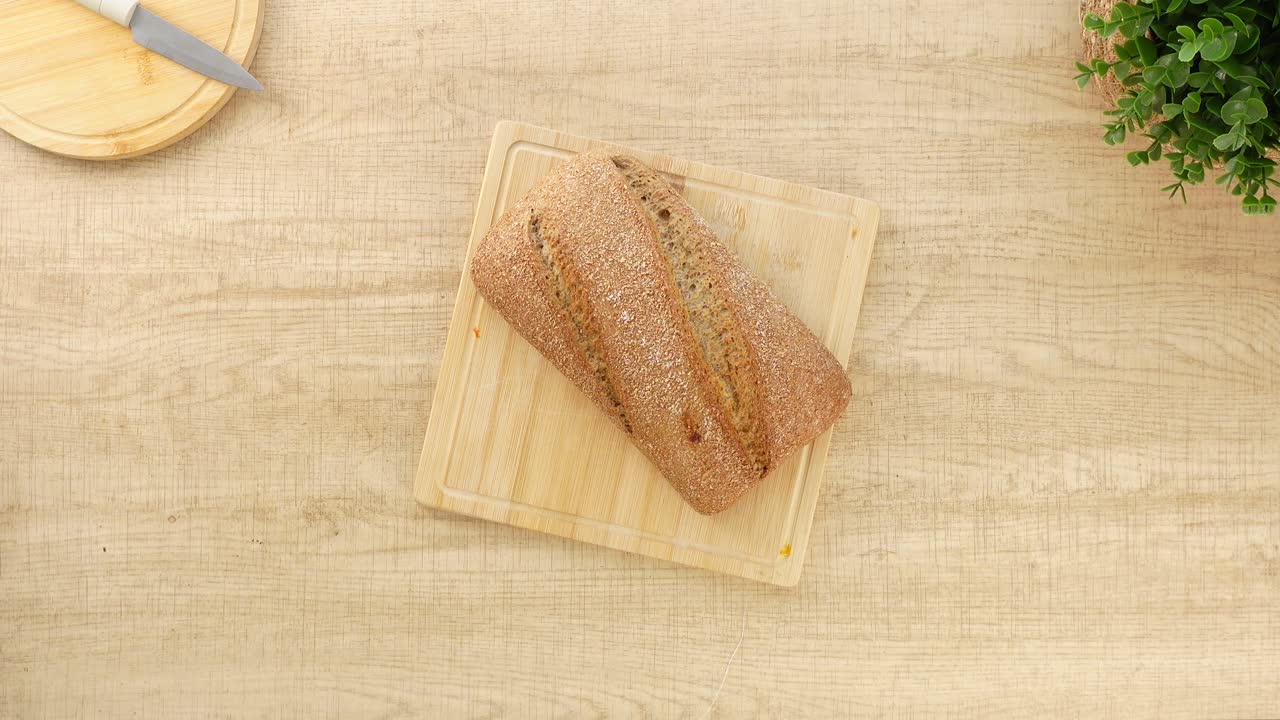 Overhead shot of bread on a cutting board