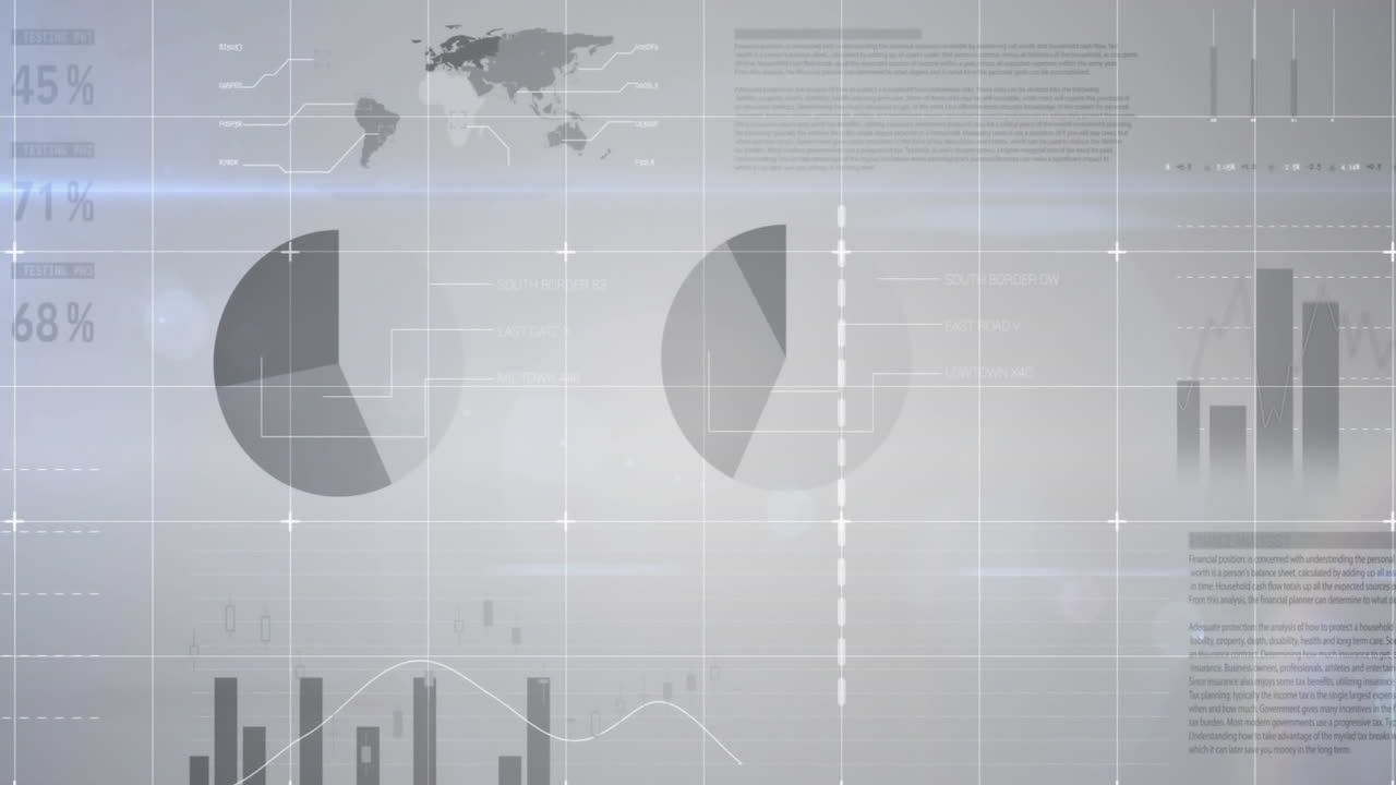 Animation of financial data processing over house on grey background