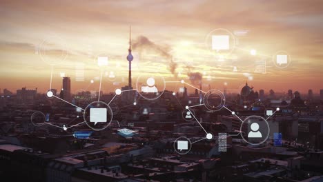 digitaal netwerkraster, op de achtergrond van de zonsondergangstad - 3d motion graphics-animatie