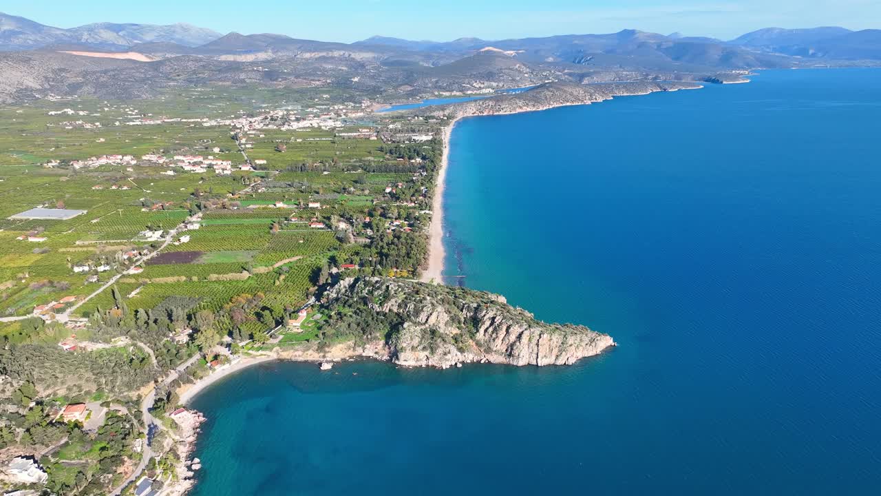 Aerial footage of the coastline in the Peloponnese, Greece
