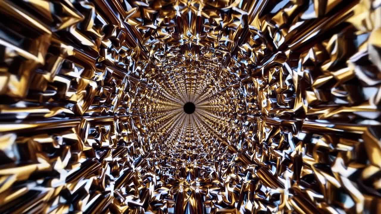 Abstract visual sequence showcasing a mesmerizing tunnel of metallic textures, with intricate patterns and reflections creating a dynamic sense of depth and motion throughout the frames