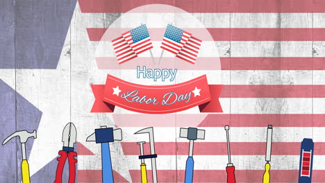 animation of happy labor day text over tools and american flag