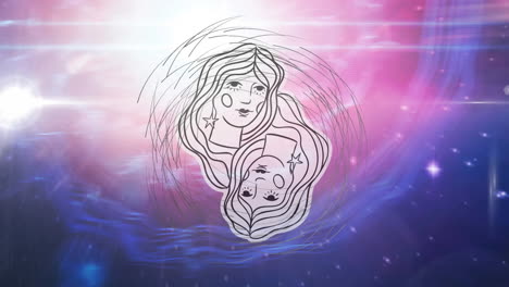 animación de iconos sobre formas y rastros de luz en fondo púrpura.