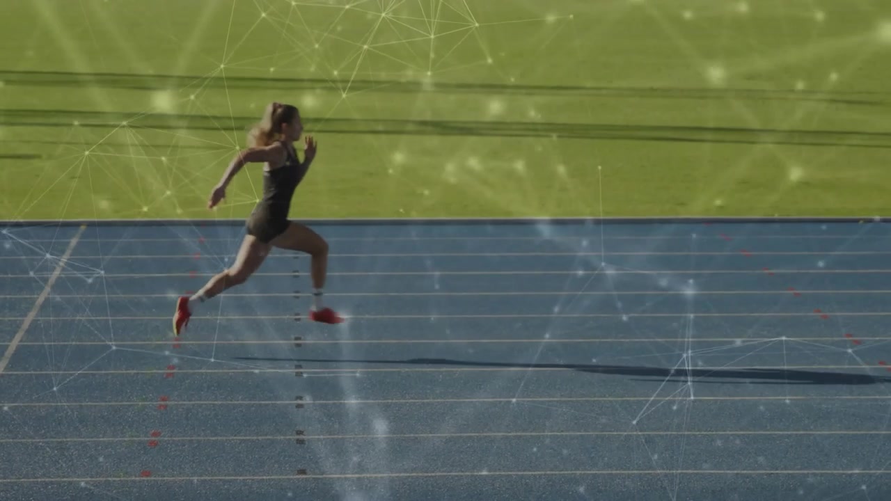 After camera holding empty lanes, female sprinter accelerating through track for athletics training