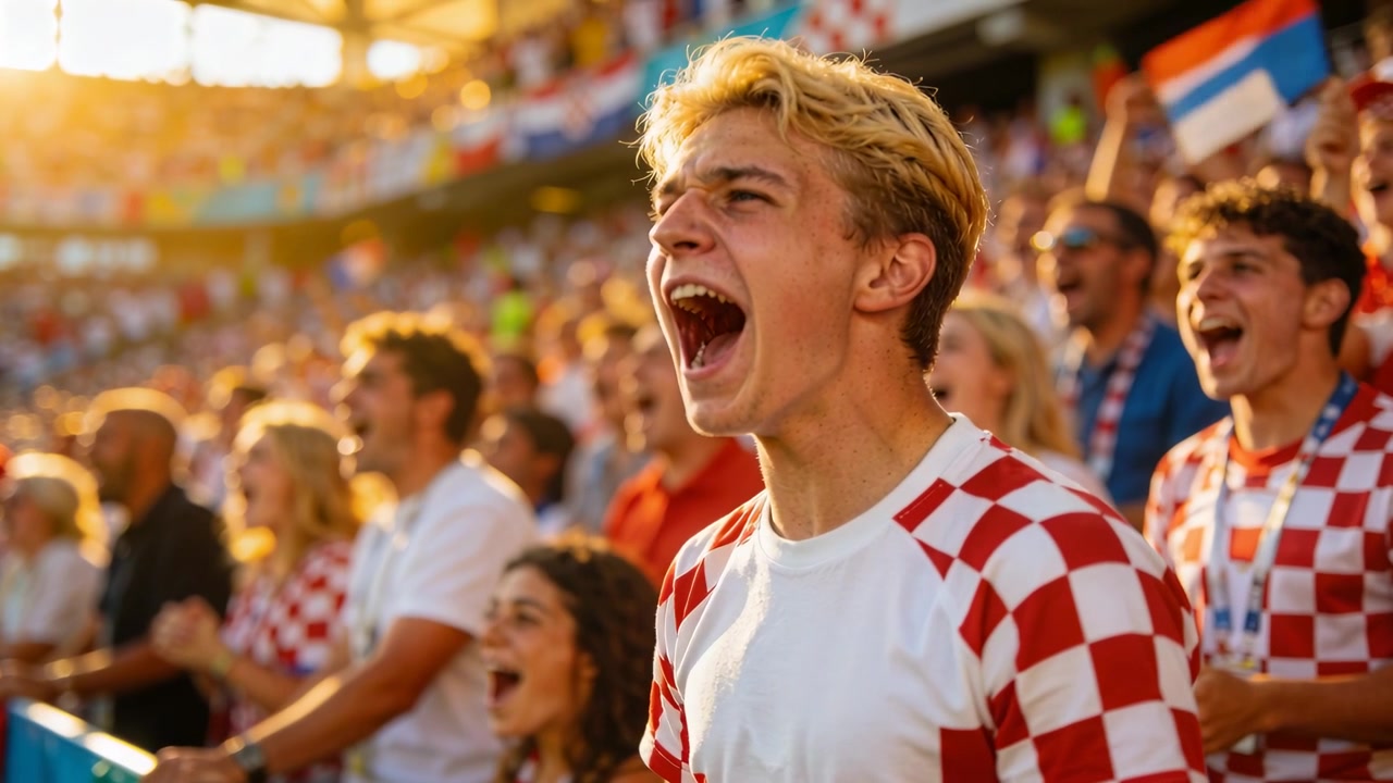Tifoso biondo che reagisce, si sporge e urla mentre un'azione emozionante si svolge nello stadio, tra maglie a scacchi.