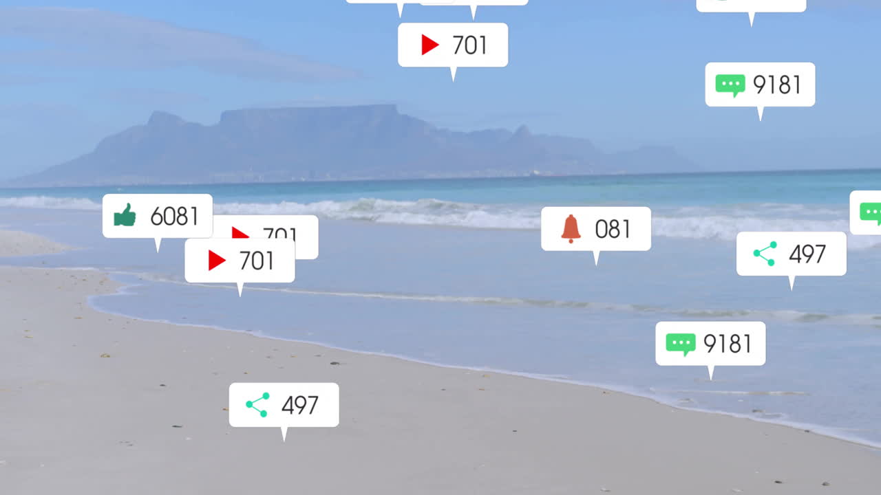 Animation of social media interaction icons floating over serene beach with mountains