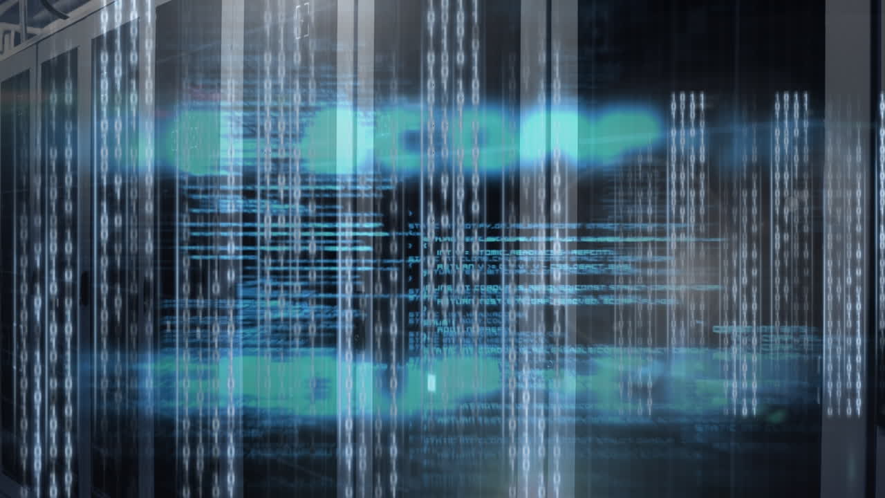 Animation of data processing over empty computer server room