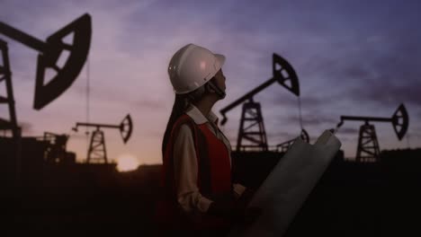 side view of asian female engineer with safety helmet inspects oil pumps at sunrise in a large oil field. looking at blueprint in her hands and looking around