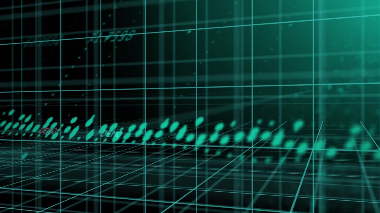 Animation of blue graph and processing data over 3d grid on black background