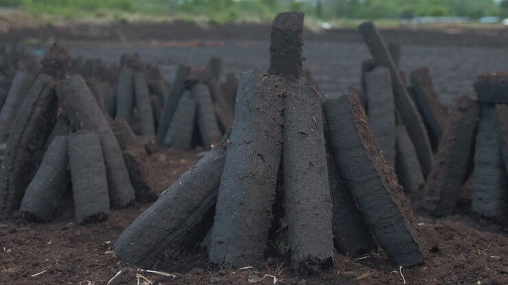 Peat stacked up to dry in bog before burning as fuel