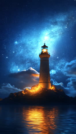 a lighthouse is lit up in the dark sky. the sky is filled with clouds and stars. the lighthouse is surrounded by water