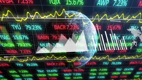 animación del mercado de valores y el procesamiento de datos estadísticos en un globo contra un fondo azul