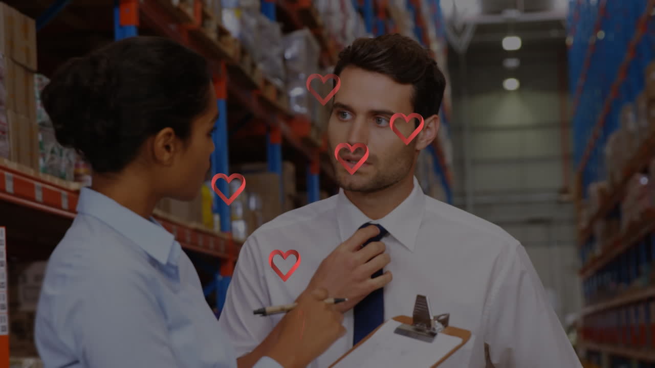 창고에서 대화하는 두 명의 다양한 남성과 여성 노동자에 대한 마음의 애니메이션