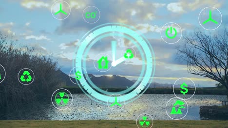 Animation-of-clock-and-eco-energy-icons-over-landscape