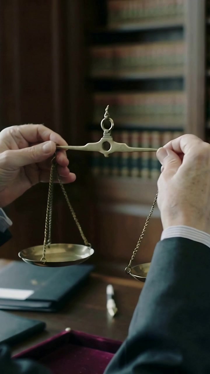 Video verticale: Mani di persona in abito che si protendono in un vassoio di velluto, assemblando una bilancia in ottone su una scrivania di legno, effettuando un controllo.