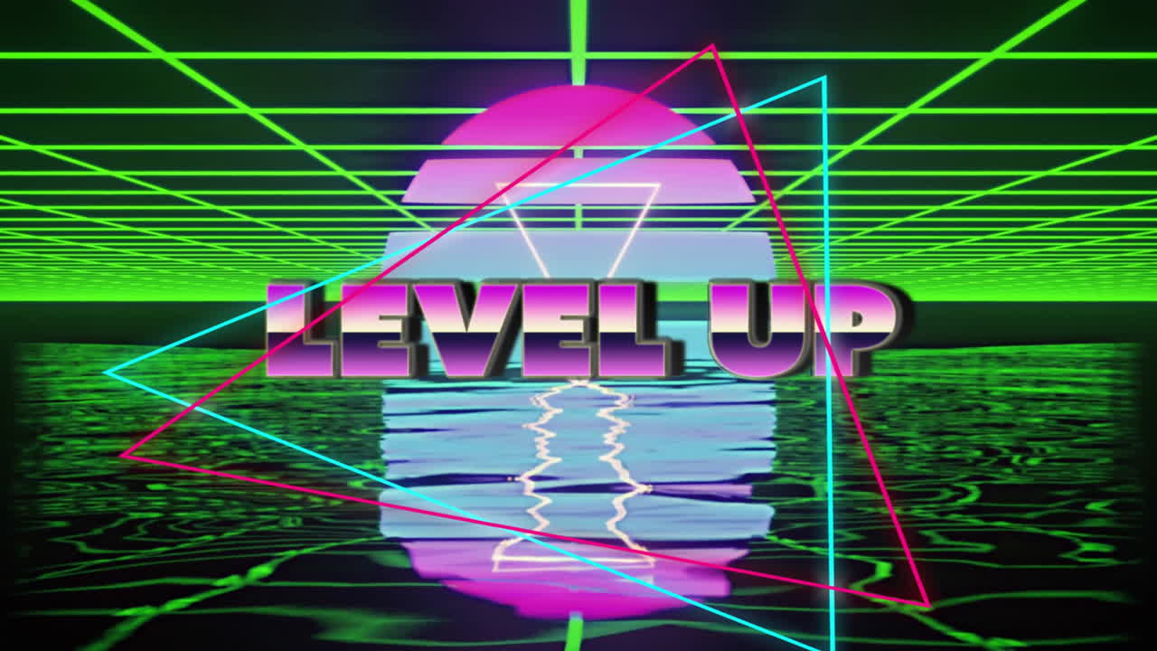 Level up text animation over neon geometric shapes and grid background