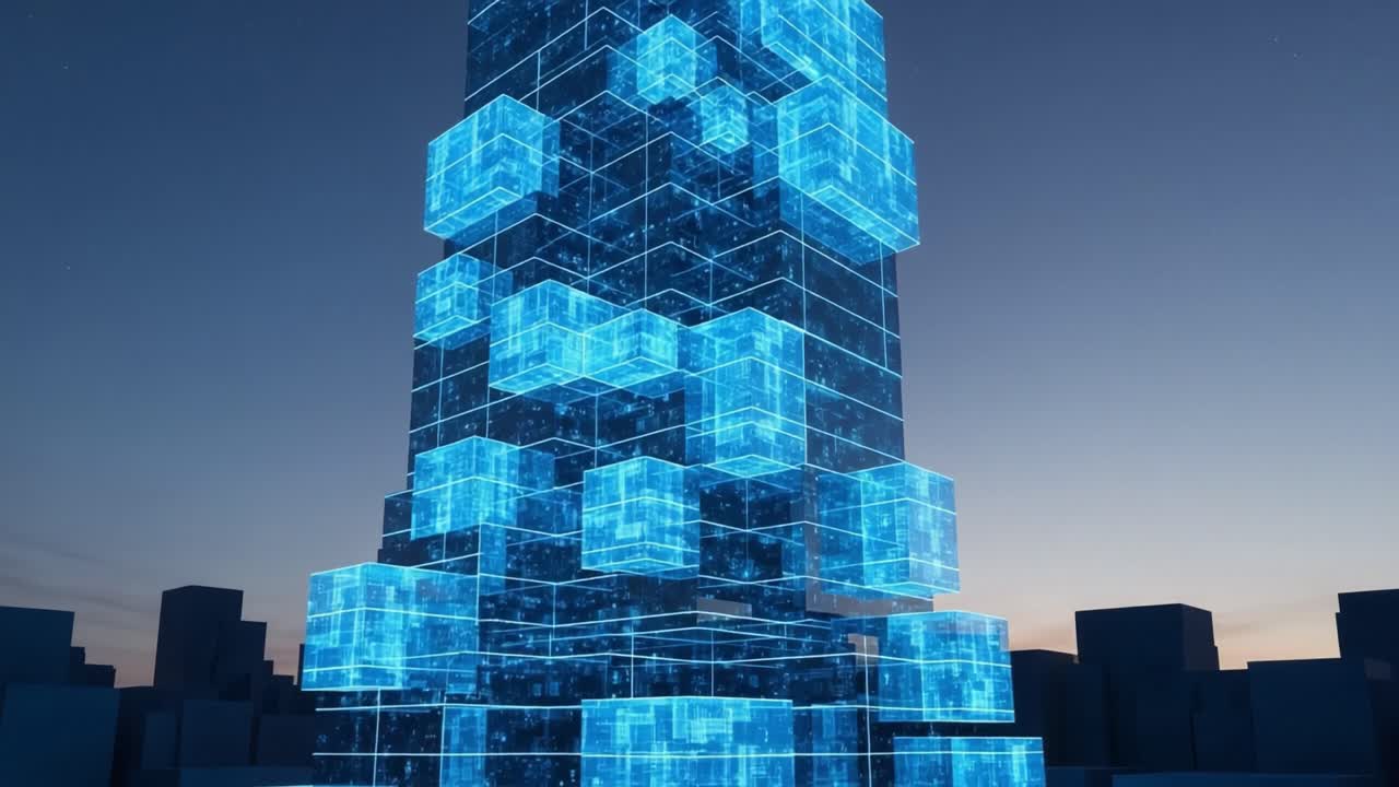 Futuristic Digital Structure: A Glimpse of a Tower Composed of Glowing Blue Cubes Against a Nighttime Sky, Symbolizing Modern Architecture and Technology Advances