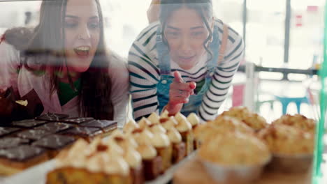 Bakery,-shopping-and-women-looking-at-dessert