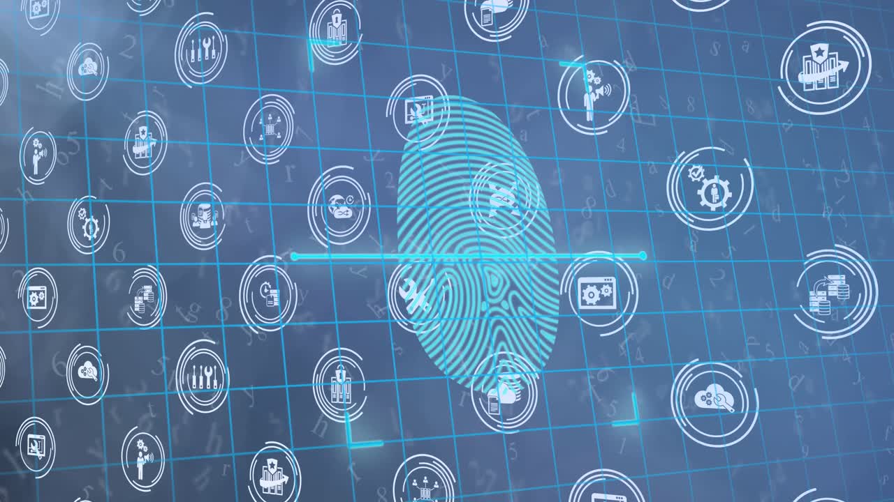 Animation of multiple digital icons with biometric fingerprint on blue background